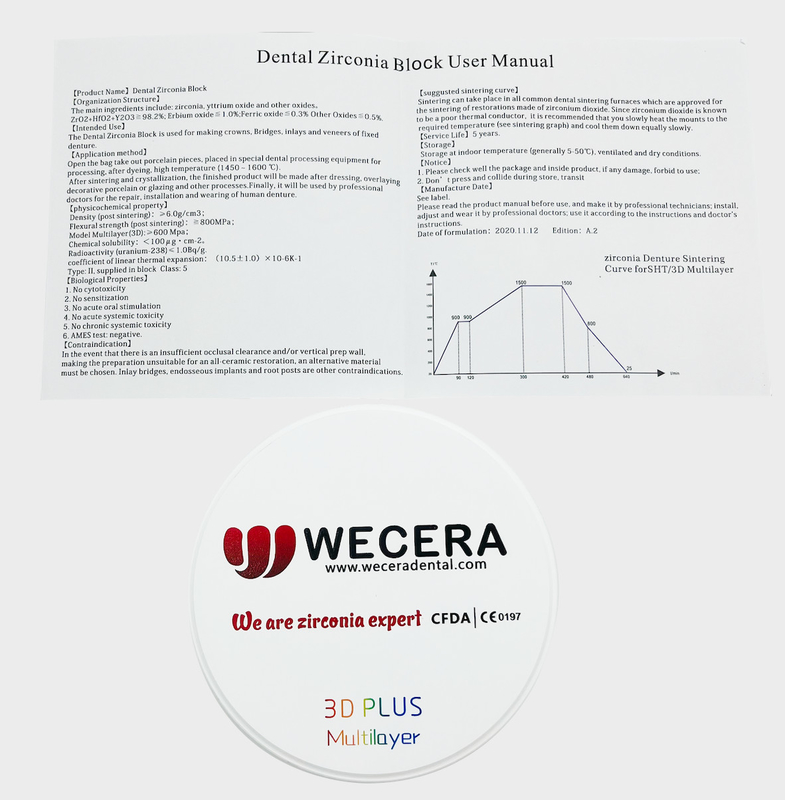 High Translucency 57% 3D Multilayer Zirconia 1050 Mpa Dental Lab Materials